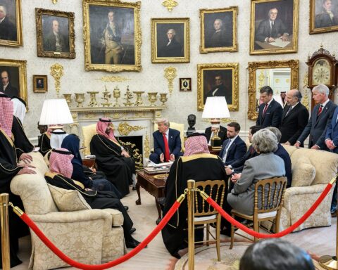 President Trump and Crown Prince Mohammed bin Salman with delegations in the Oval Office, November 18, 2025, the day the US-Saudi civil nuclear cooperation agreement was formally declared