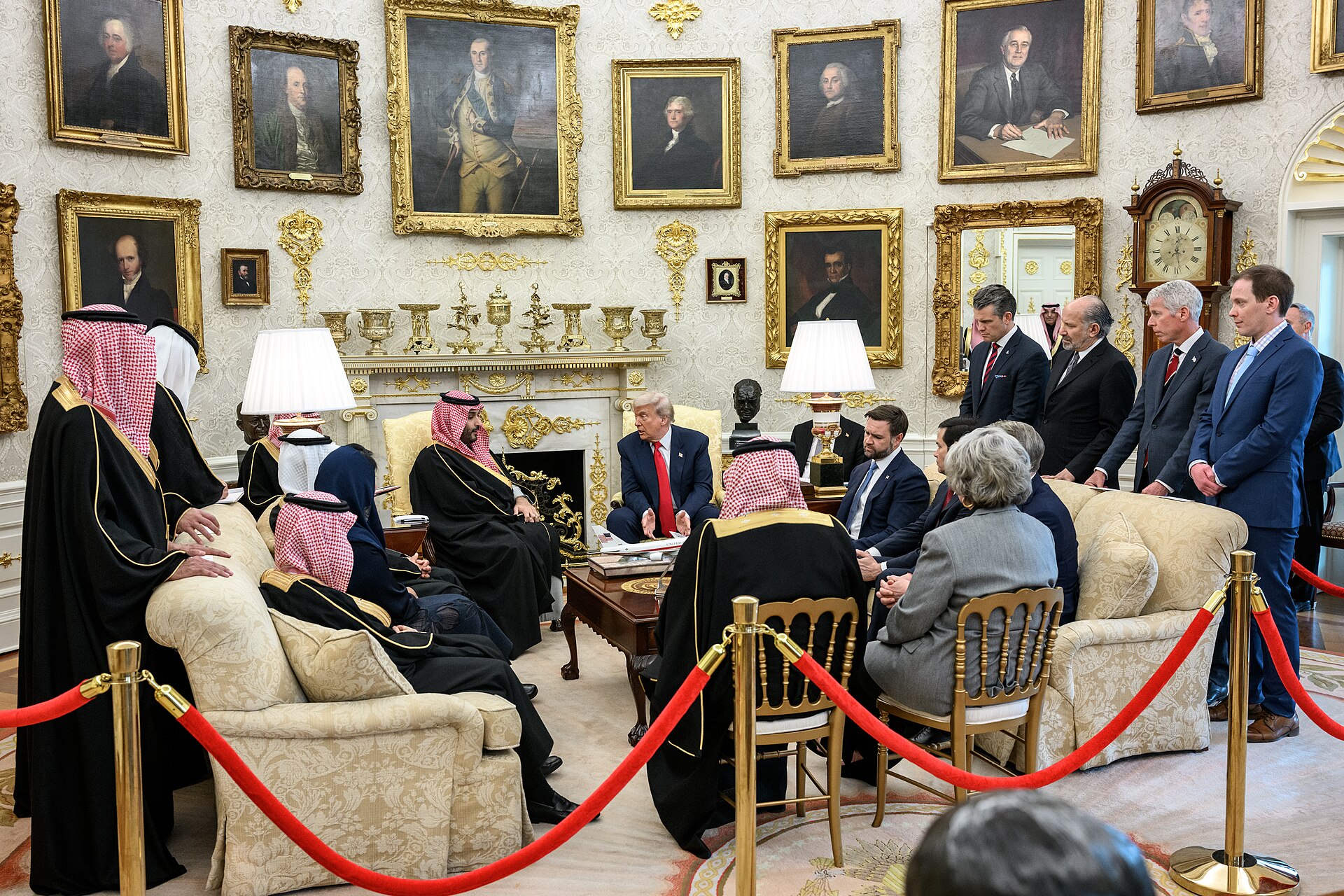 President Trump and Crown Prince Mohammed bin Salman with delegations in the Oval Office, November 18, 2025, the day the US-Saudi civil nuclear cooperation agreement was formally declared