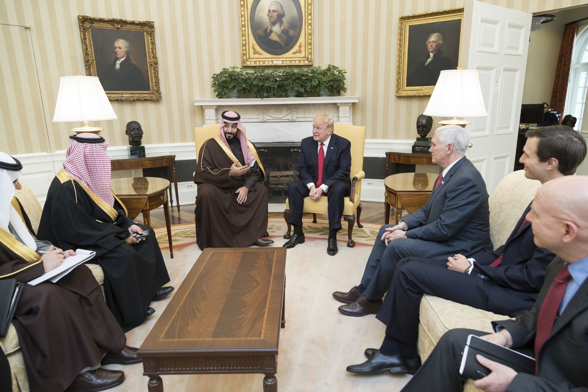 President Trump meets Saudi Deputy Crown Prince Mohammed bin Salman in the Oval Office, March 2017, flanked by their respective delegations