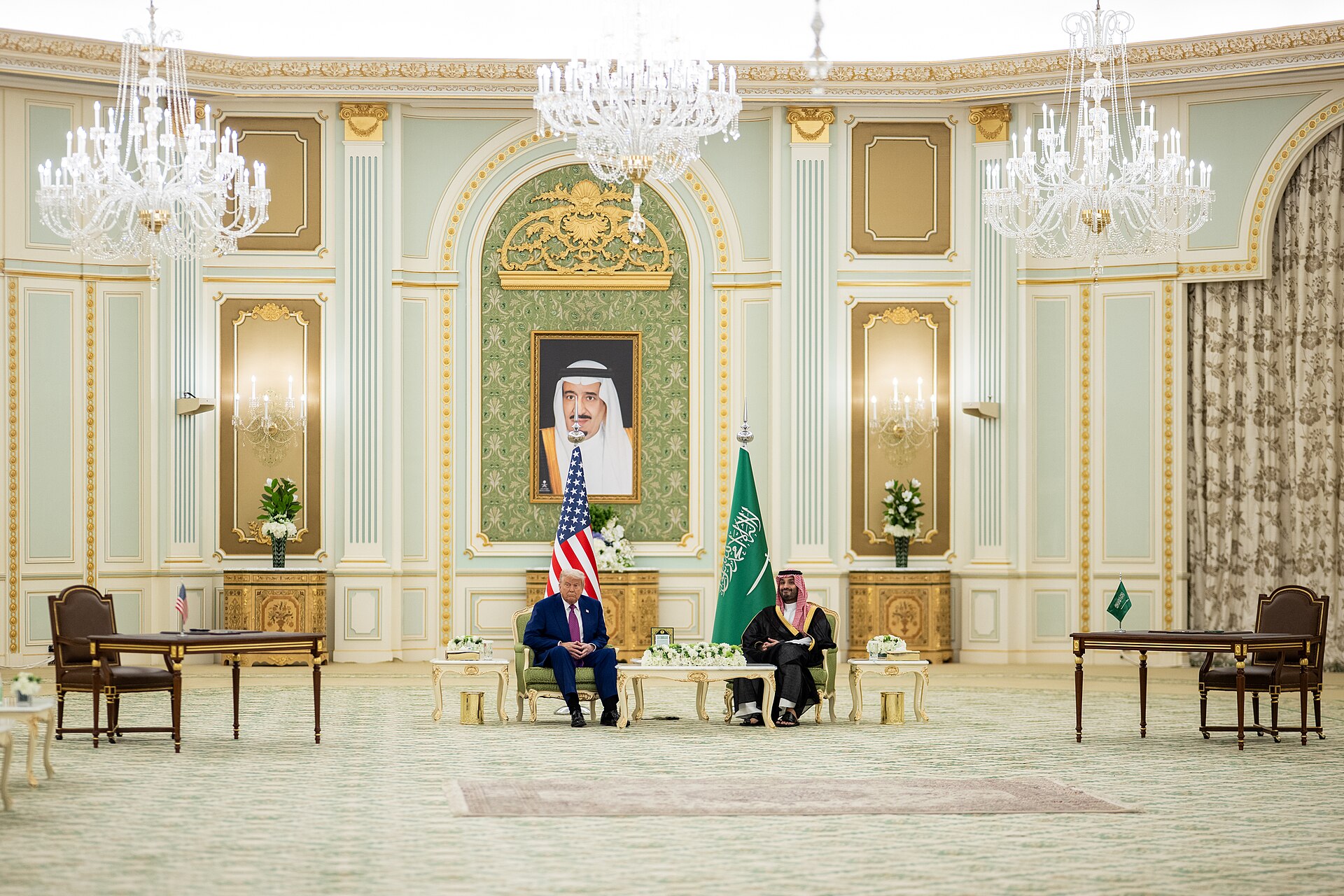 President Trump meets Saudi Crown Prince Mohammed bin Salman at the Royal Court Palace in Riyadh, May 13 2025, during bilateral meetings that produced a $142 billion arms agreement