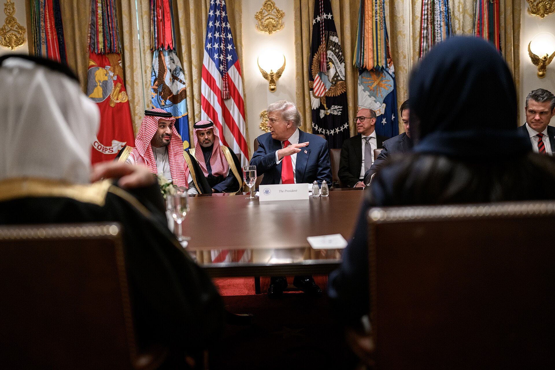 President Trump and Saudi Crown Prince MBS at bilateral table in the Cabinet Room, White House, November 18, 2025