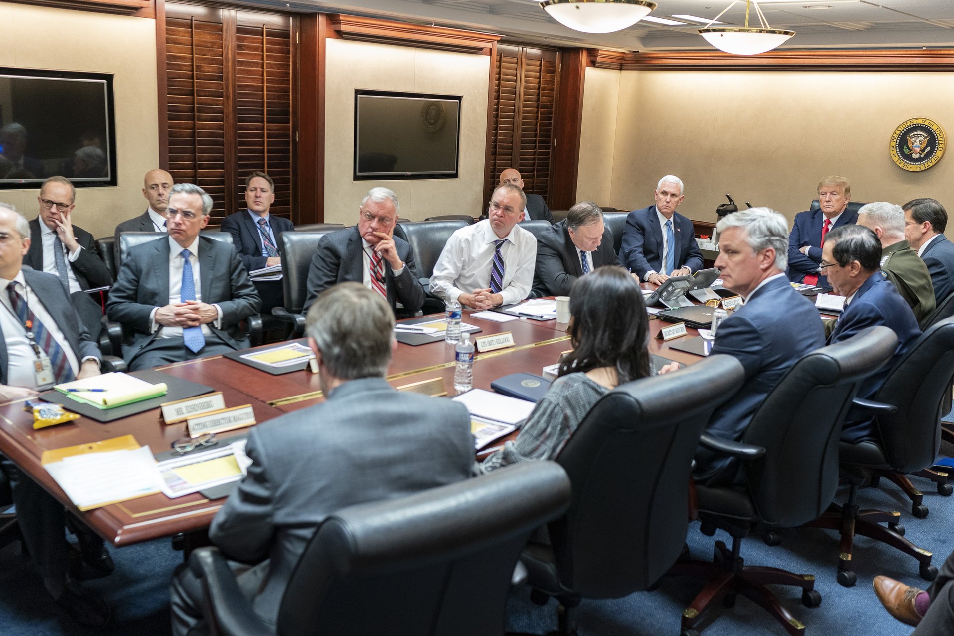 President Trump meets with senior White House national security advisors in the Situation Room, January 2020 — the same setting used for the May 24 eight-leader call in which Trump told Gulf leaders Accords membership should be mandatory