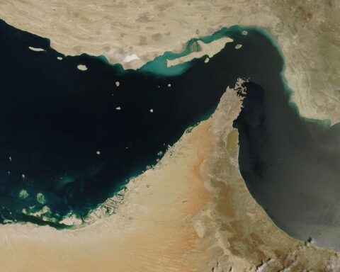 Satellite view of the UAE and Oman coastlines along the Persian Gulf and Gulf of Oman, April 2016. NASA MODIS / Public Domain
