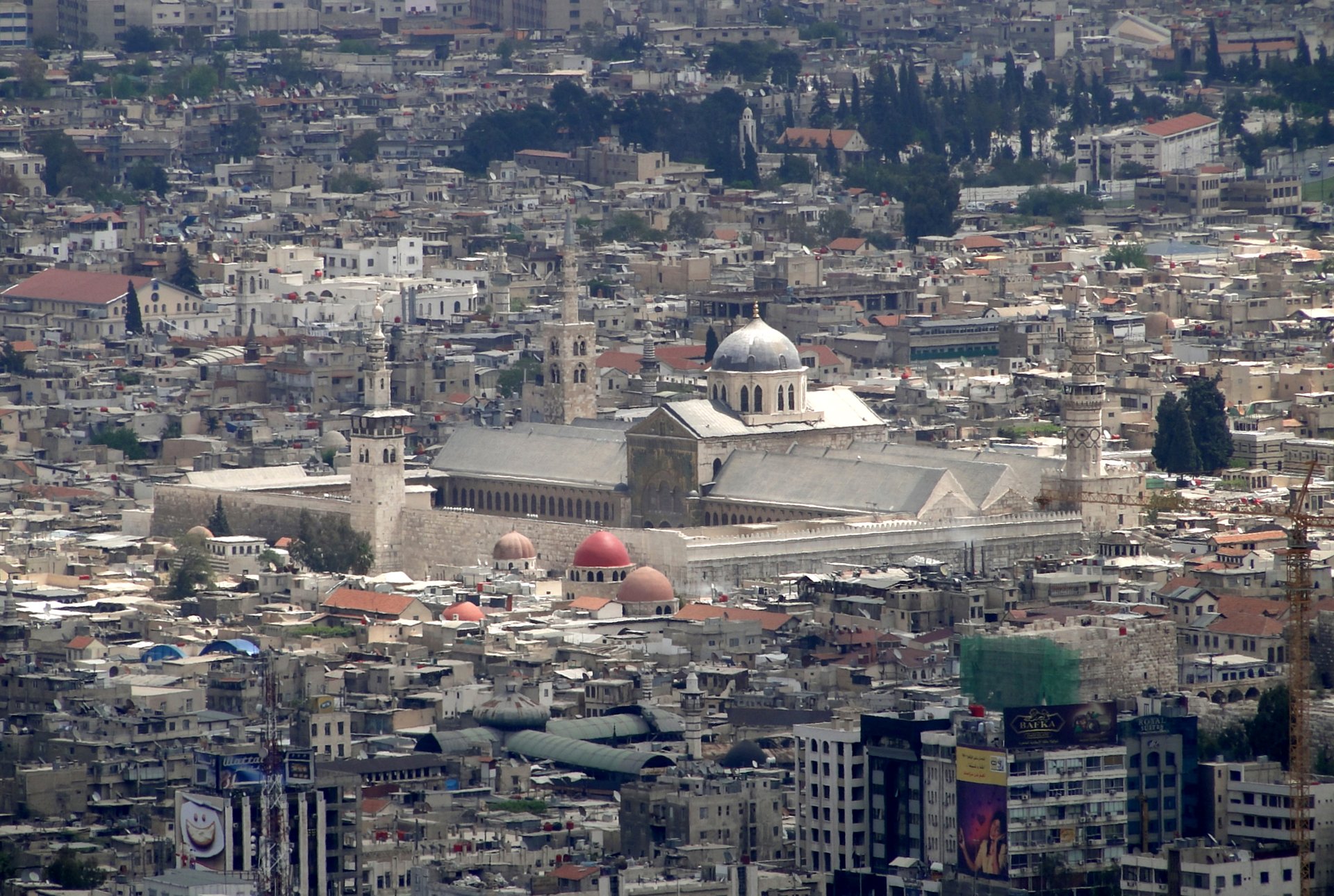 Aerial view of Damascus, Syria, showing the Umayyad Mosque complex at the heart of the old city
