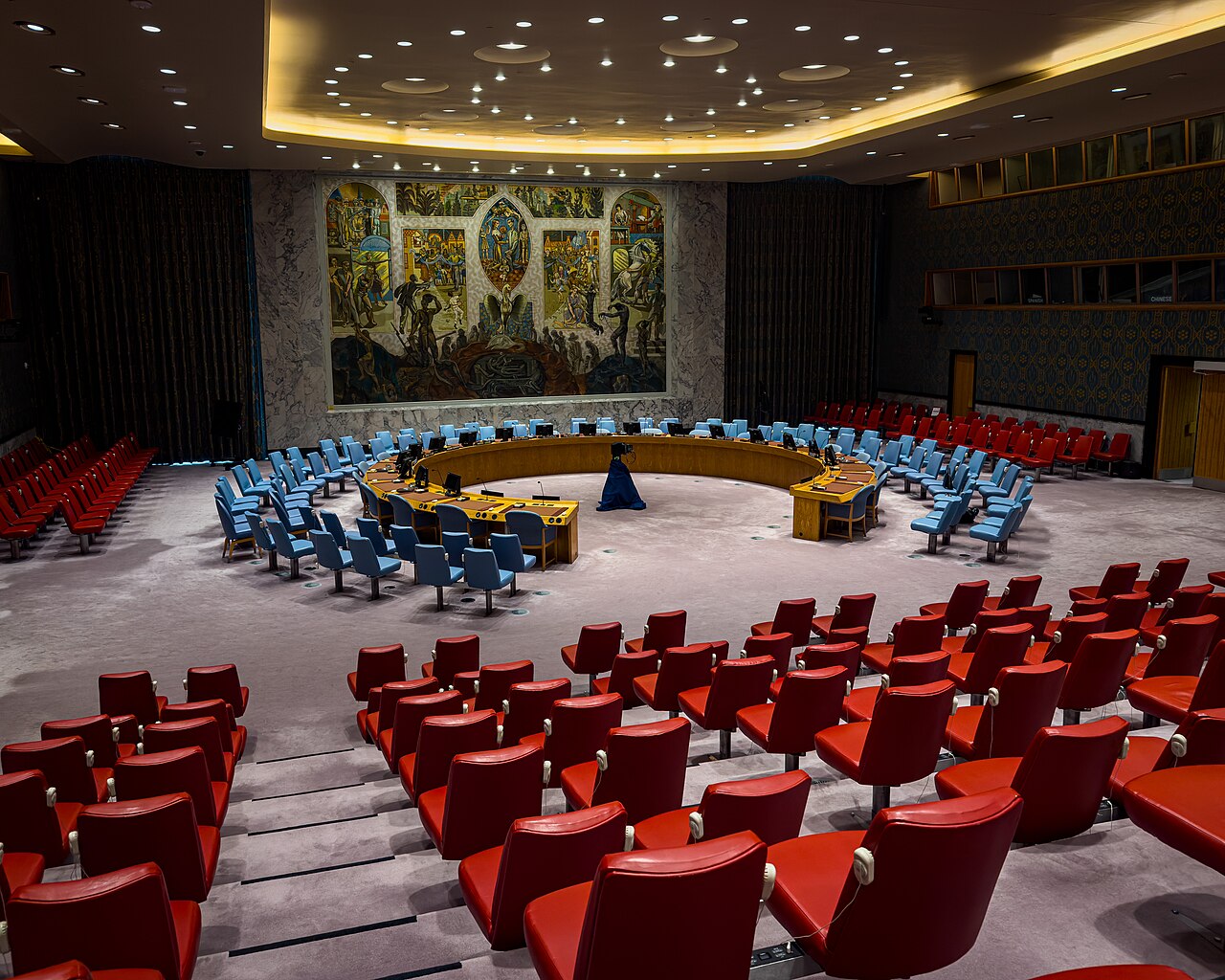 UN Security Council chamber at United Nations headquarters in New York, where the Bahrain-US co-sponsored Hormuz freedom of navigation resolution was vetoed by China and Russia