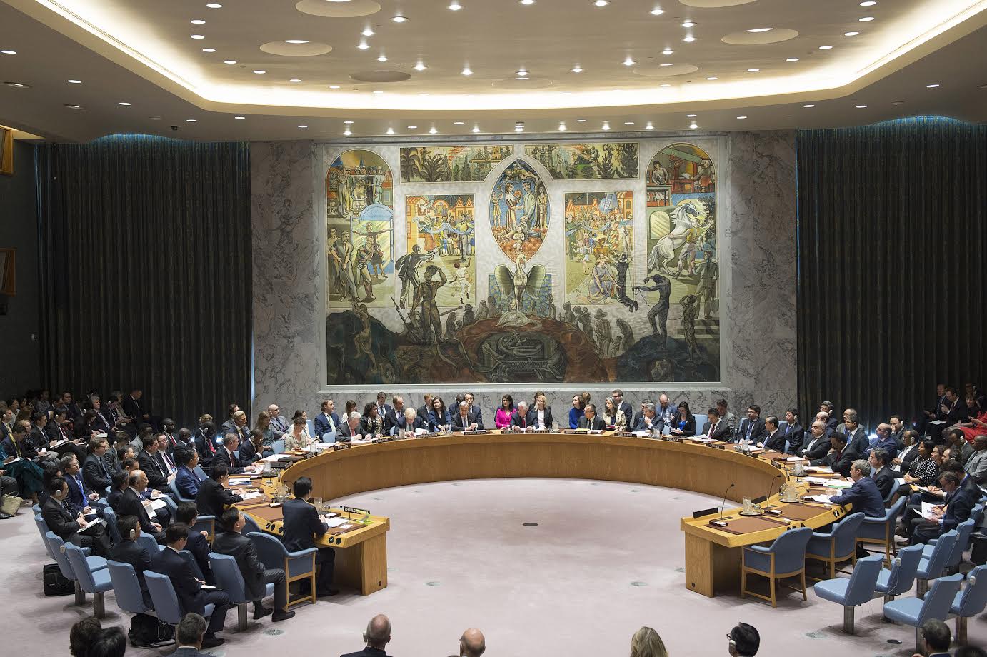 United Nations Security Council in session, the chamber where Russia and China vetoed the Hormuz freedom of navigation resolution on April 7 2026 by an 11-2-2 vote