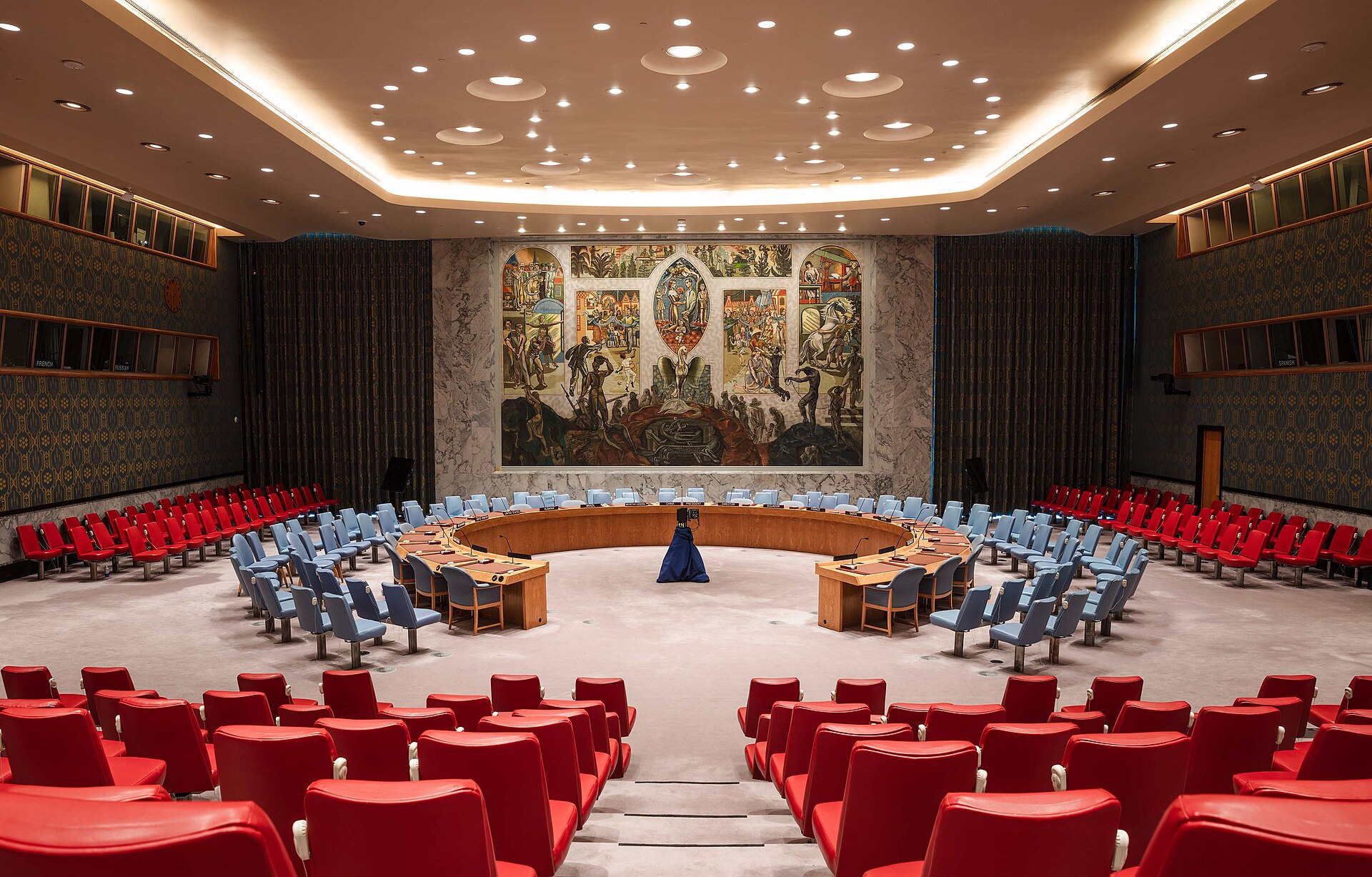 UN Security Council chamber at United Nations headquarters, New York, showing the horseshoe table where the council meets