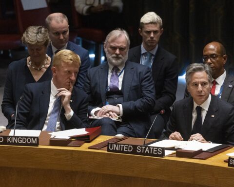 UK and US delegations at the UN Security Council horseshoe table during a high-level open debate, New York 2023