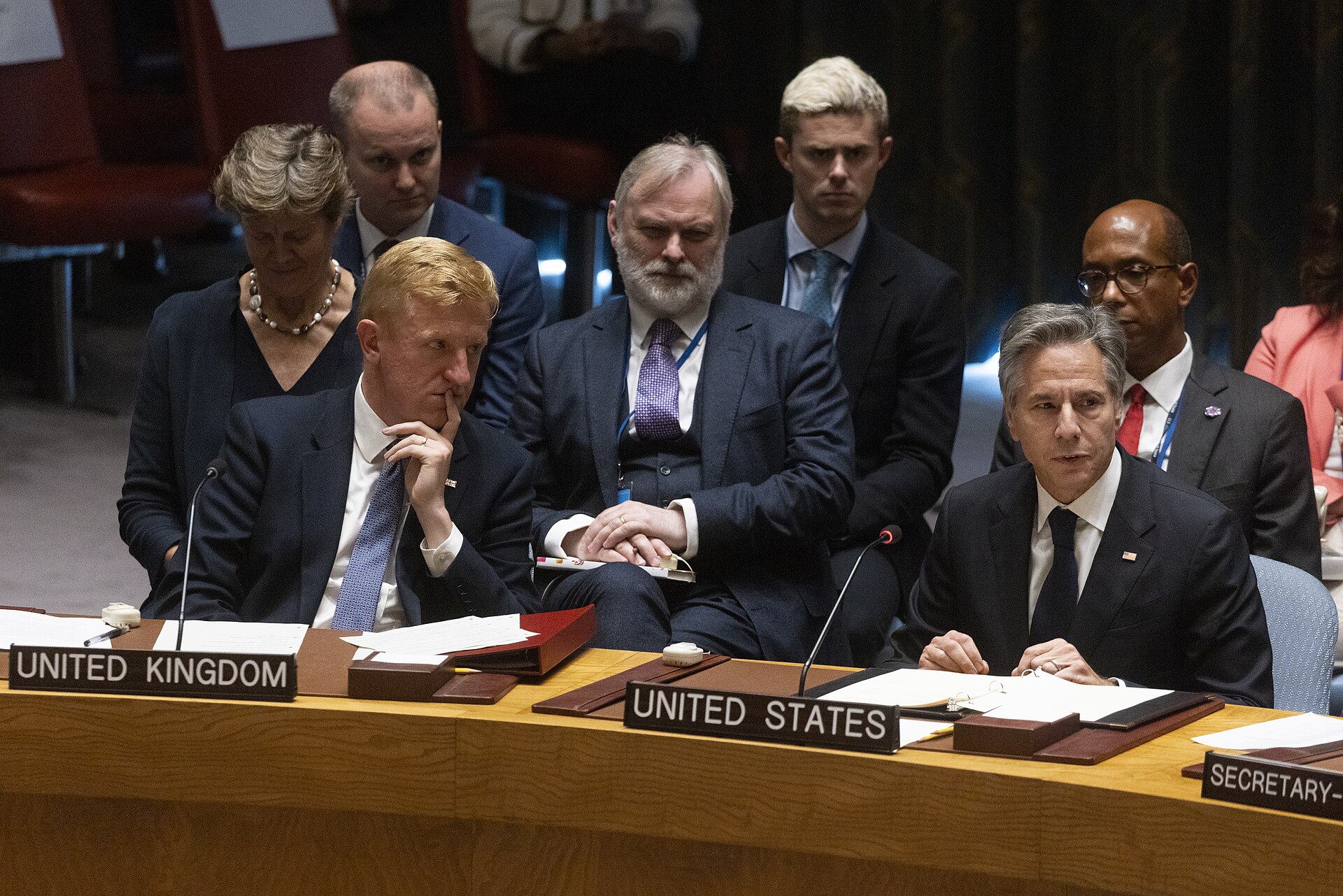 UK and US delegations at the UN Security Council horseshoe table during a high-level open debate, New York 2023