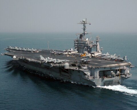 USS John C. Stennis aircraft carrier transits the Persian Gulf during flight operations, 2007