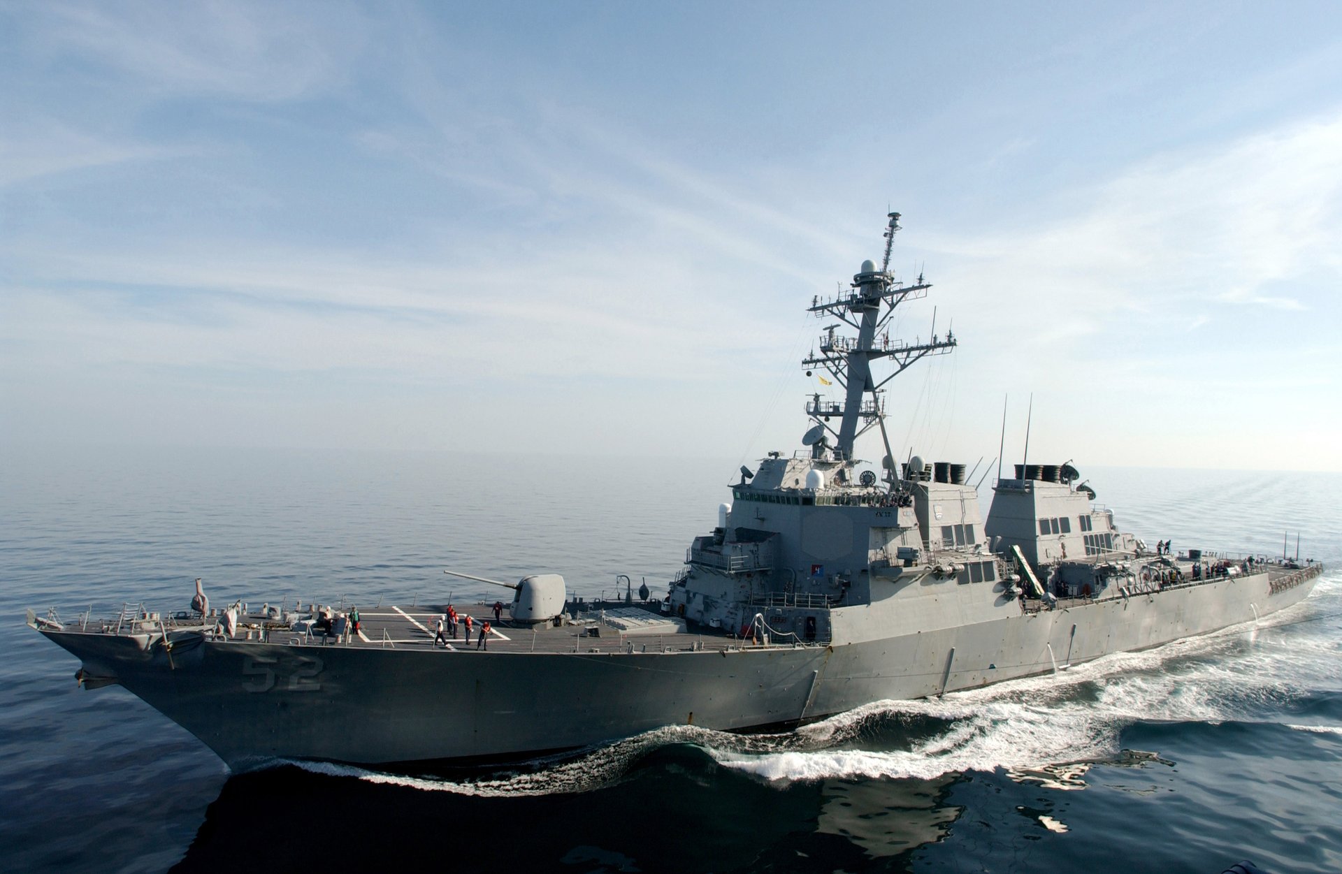 USS Barry guided-missile destroyer underway in the Arabian Sea, representing the US naval posture maintaining blockade conditions around Iranian ports since April 13