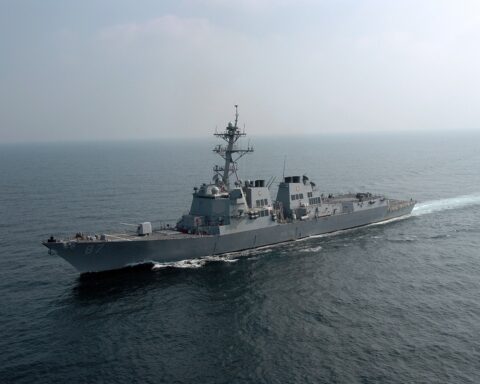 USS Mason (DDG-87), an Arleigh Burke-class guided-missile destroyer, patrols the Northern Persian Gulf — one of the two warships that transited the Strait of Hormuz under Project Freedom on May 4, 2026.