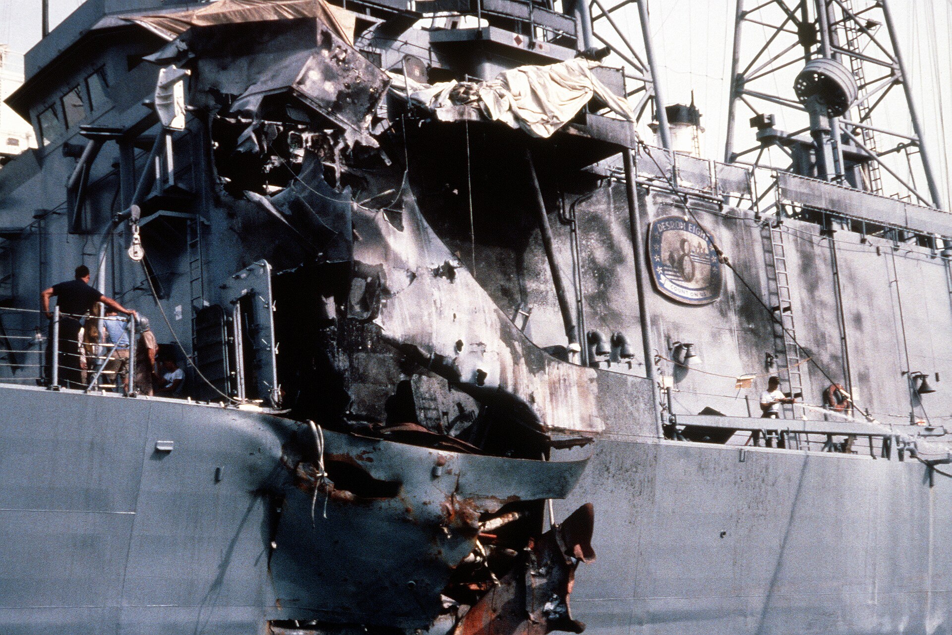 USS Stark FFG-31 showing Exocet missile impact damage on the port side, Bahrain, May 1987 — 37 sailors killed in the Persian Gulf attack