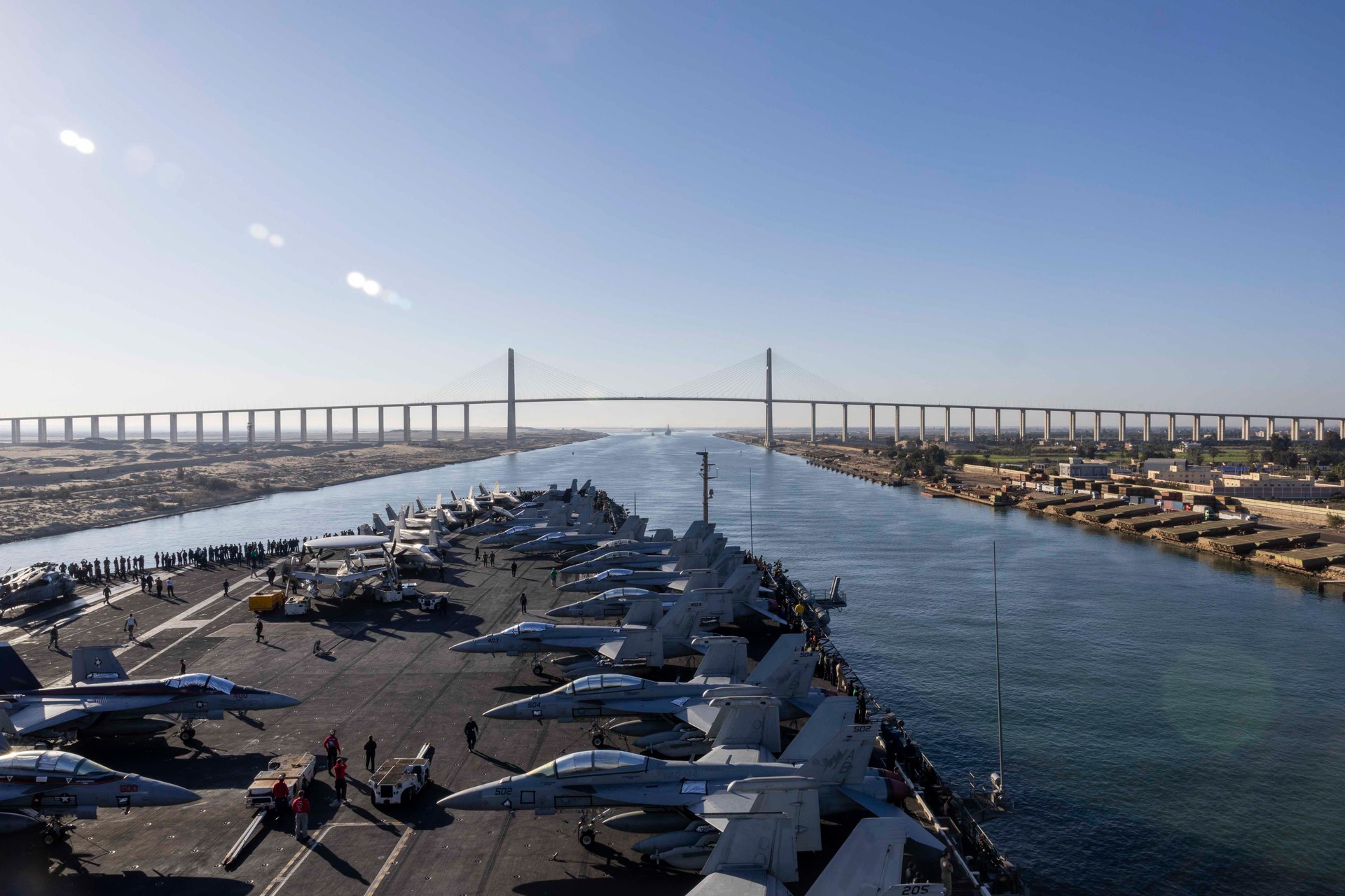 USS Harry S. Truman carrier strike group transiting the Suez Canal into the US 5th Fleet area of responsibility (CENTCOM), December 15, 2024. The carrier has been central to US naval operations in the Gulf region.