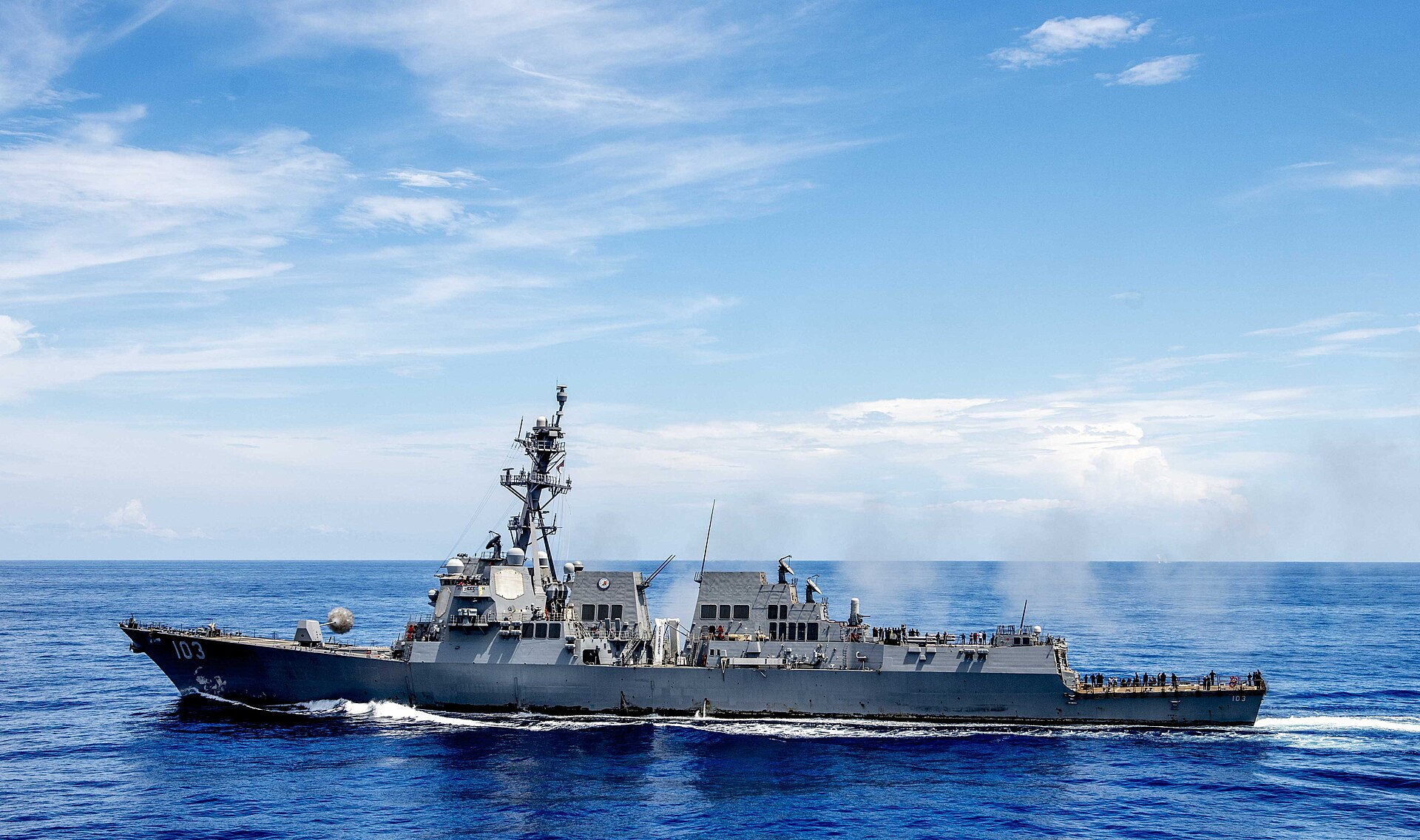 USS Truxtun (DDG-103) Arleigh Burke-class guided missile destroyer underway — one of three US Navy destroyers that engaged Iranian forces in the Strait of Hormuz on May 7, 2026