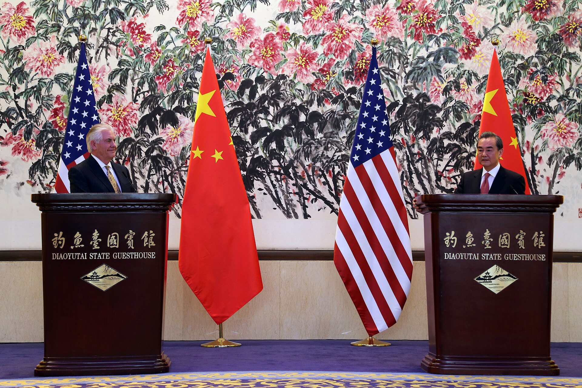 Chinese Foreign Minister Wang Yi and US Secretary of State Rex Tillerson at joint press conference, Diaoyutai State Guesthouse, Beijing