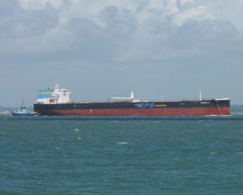 Large crude oil tanker Solomon Sea operated by EPS Tankers underway in the Solent, England