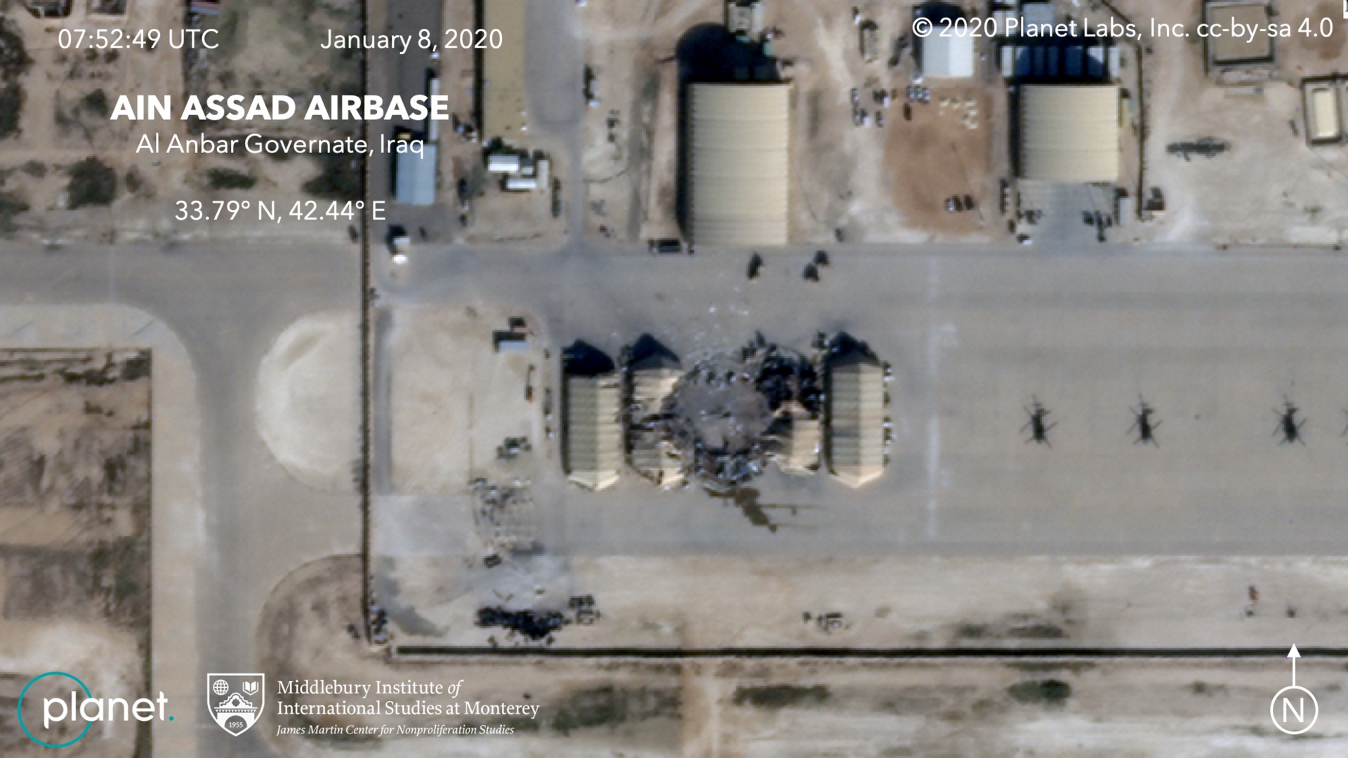 Satellite detail showing destroyed structures at Ain Assad (Al-Asad) Airbase in Iraq after Iran's January 8, 2020 ballistic missile strike — annotated by Planet Labs and the Middlebury Institute of International Studies