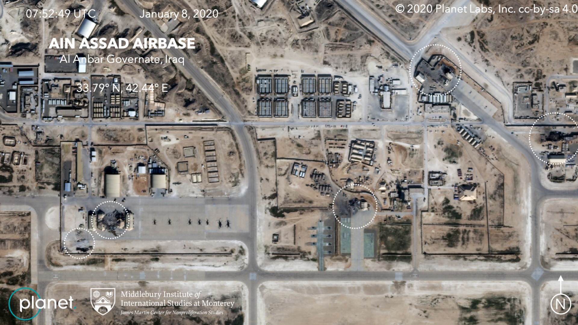 Planet Labs satellite image of Ain Assad Airbase, Iraq, January 8, 2020, showing damage at five marked sites from Iran's retaliatory ballistic missile strike — released hours after the US initial assessment of "no casualties, minimal damage"