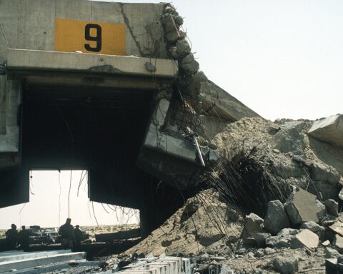 Hardened aircraft shelter at Ali Al-Salem Air Base, Kuwait, damaged by bombing — the base has absorbed five IRGC strikes since March 2026