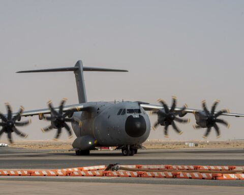 A French Air Force Airbus A400M on the tarmac at Ali Al Salem Air Base, Kuwait, July 2020 — the primary US rotary-wing staging base in the Gulf and a target of the IRGC June 28 strike