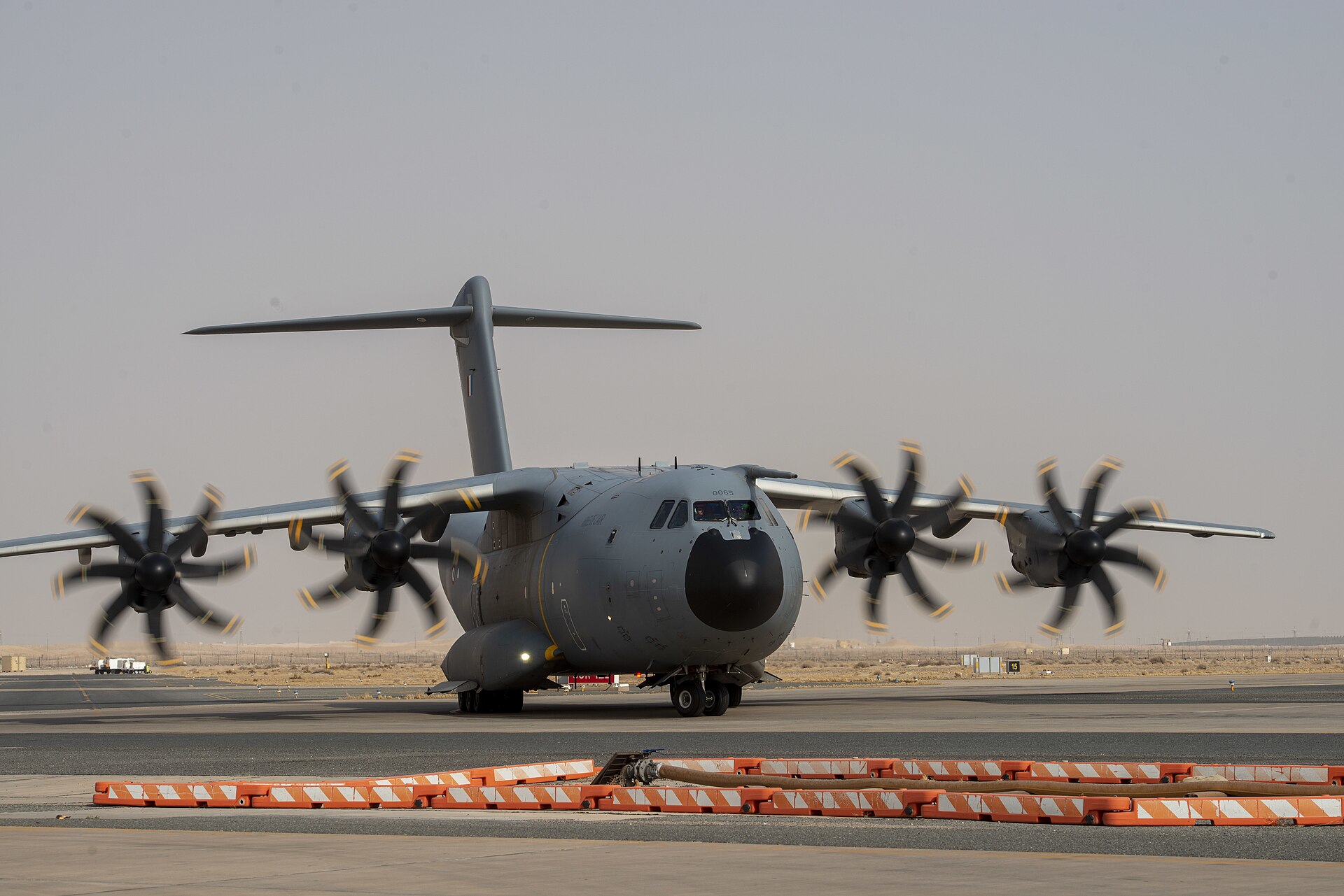 A French Air Force Airbus A400M on the tarmac at Ali Al Salem Air Base, Kuwait, July 2020 — the primary US rotary-wing staging base in the Gulf and a target of the IRGC June 28 strike
