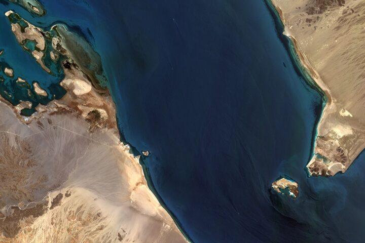 Satellite view of the Bab al-Mandab Strait, the 29-kilometre-wide chokepoint between Yemen and Djibouti through which approximately 4.2 million barrels per day of crude oil transits
