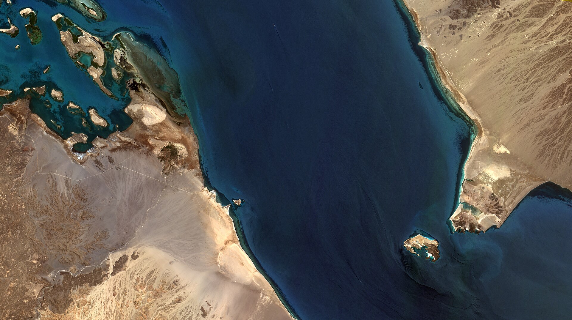 Satellite view of the Bab al-Mandab Strait, the 29-kilometre-wide chokepoint between Yemen and Djibouti through which approximately 4.2 million barrels per day of crude oil transits