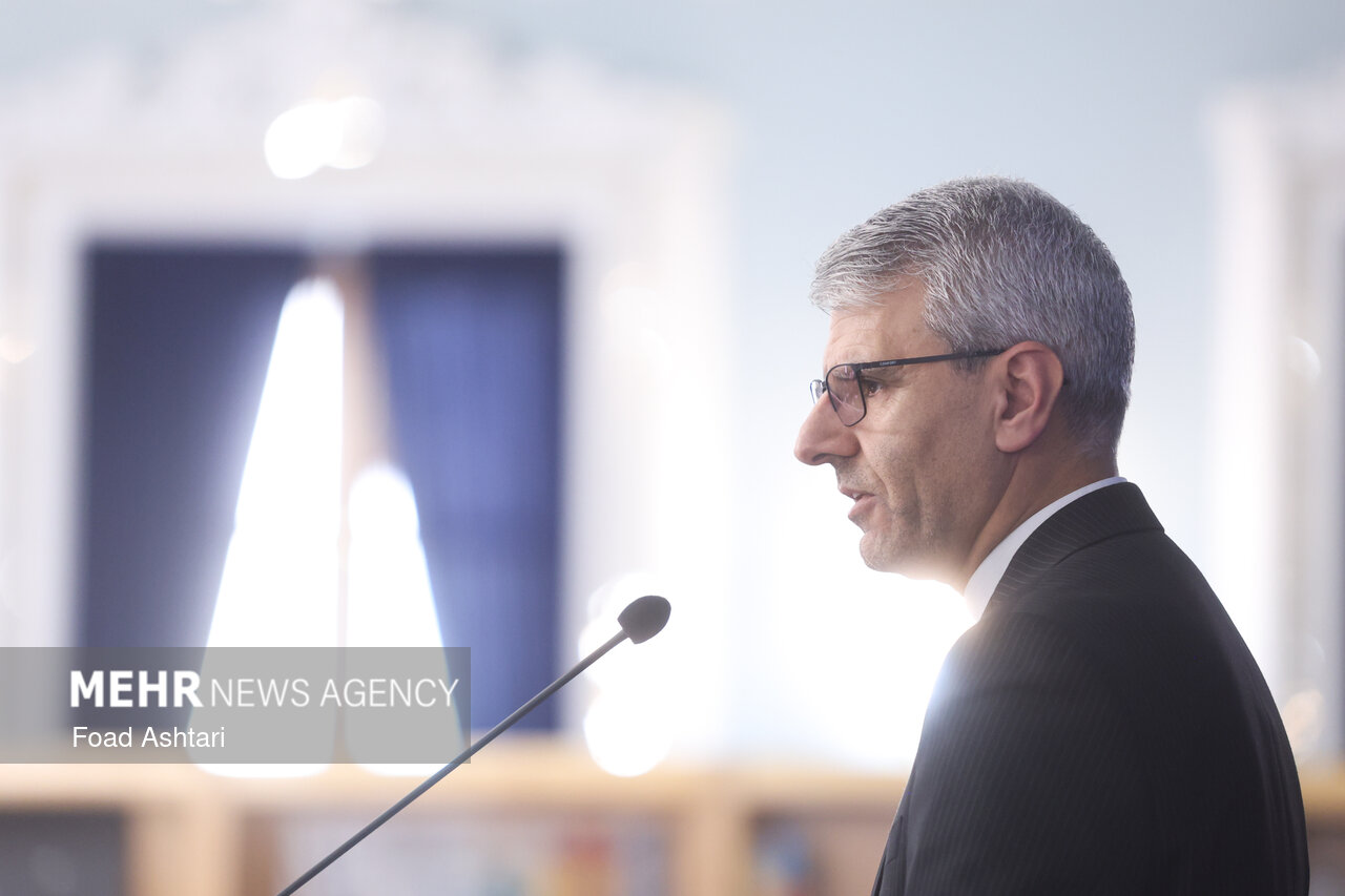 Esmaeil Baghaei, Iran Foreign Ministry spokesperson, speaking at a microphone during the April 2026 press conference in Tehran