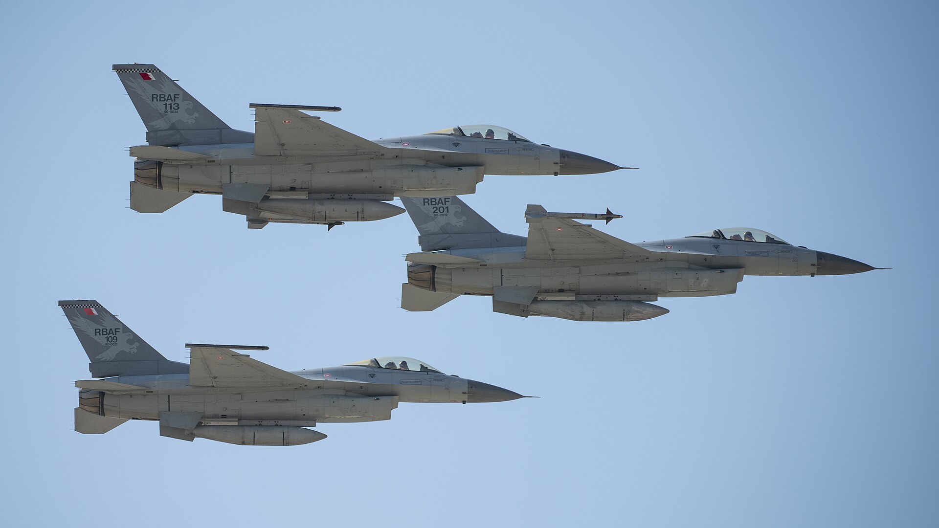 Royal Bahraini Air Force F-16 Fighting Falcons in formation flyover at Sakhir Air Base, Bahrain International Airshow 2024