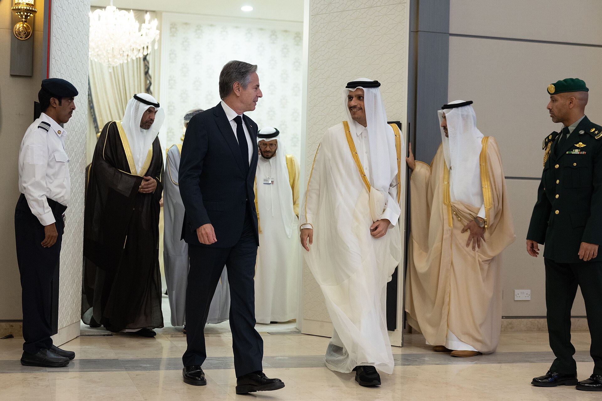 Secretary Blinken walks with Gulf Cooperation Council foreign ministers into a multilateral meeting in Riyadh, April 2024 — the kind of forum from which Saudi Arabia has been absent since May 2026
