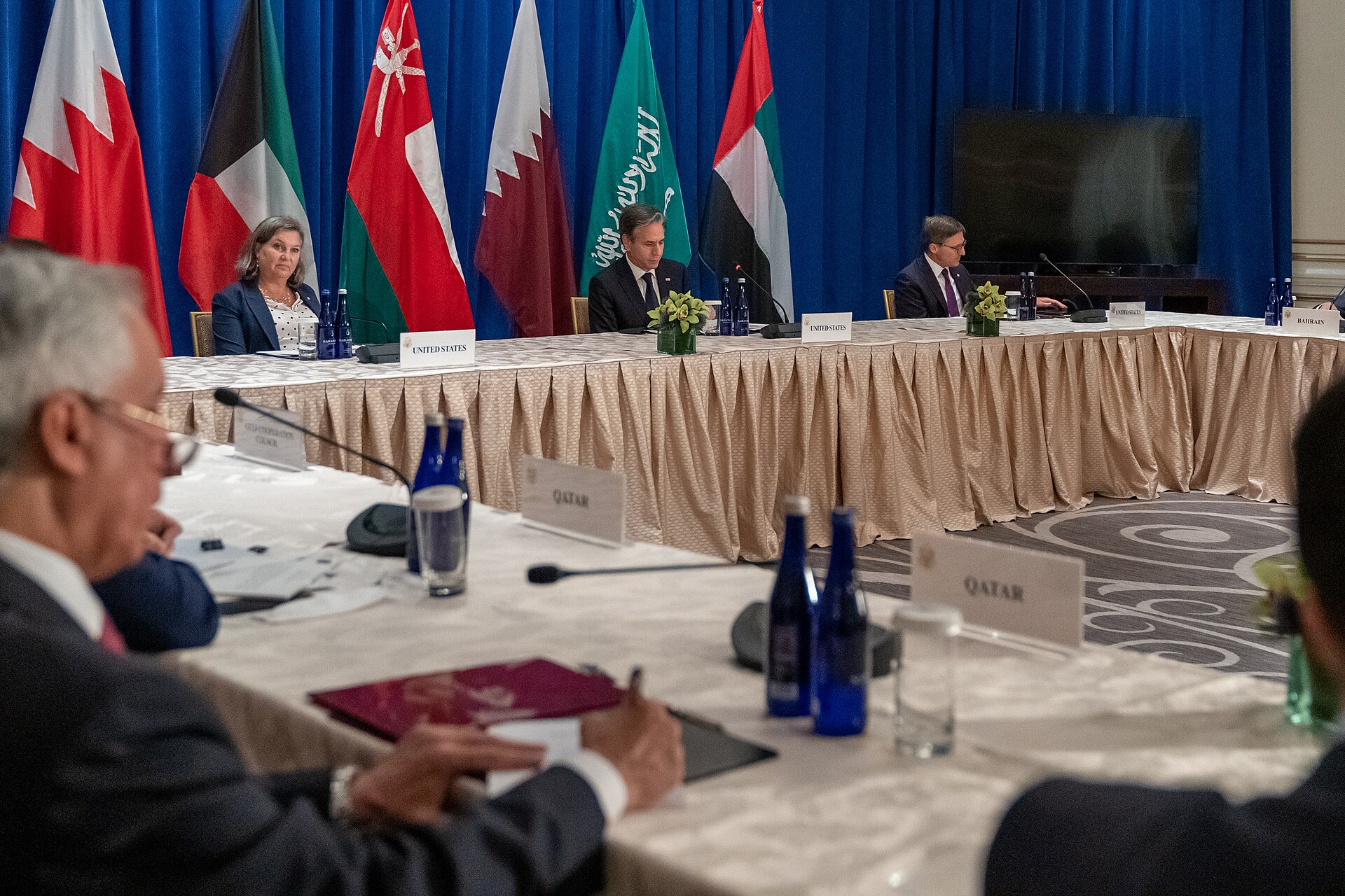US Secretary of State Antony Blinken meets with foreign ministers of the six Gulf Cooperation Council states at UNGA in New York, September 2021, with GCC national flags displayed