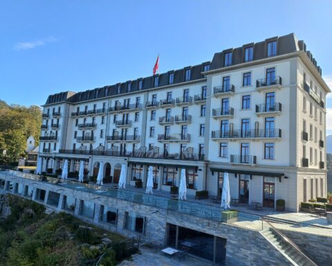 Bürgenstock Hotel Palace exterior, Lake Lucerne, Switzerland — venue for Phase 2 US-Iran nuclear talks