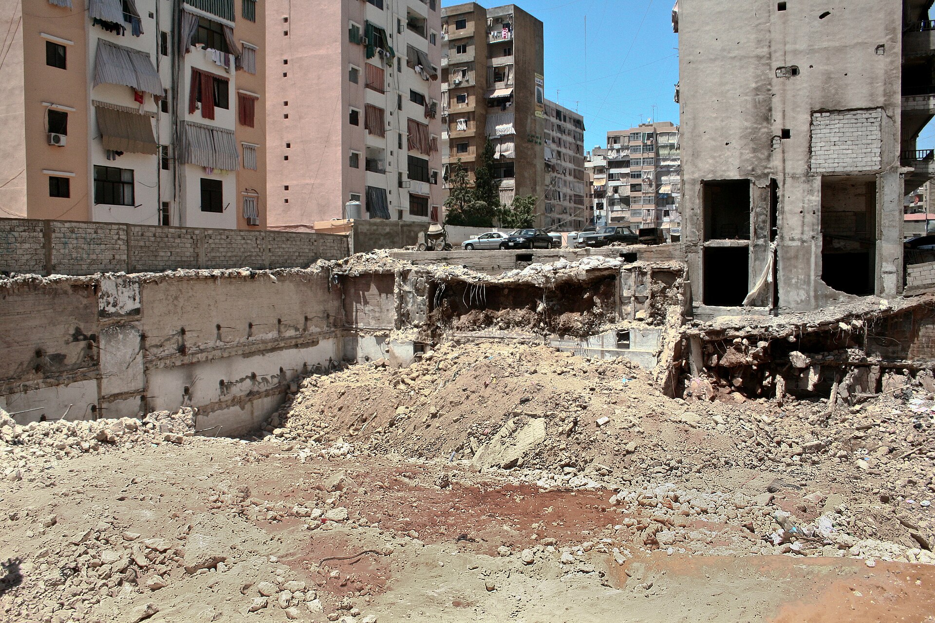 Bomb crater and destroyed buildings in Beirut suburb of Dahiyeh, southern Lebanon, aftermath of 2006 war