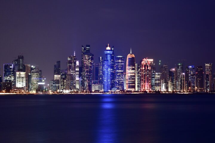 Doha West Bay skyline at night, Qatar — proposed venue for June 30 US-Iran diplomatic talks