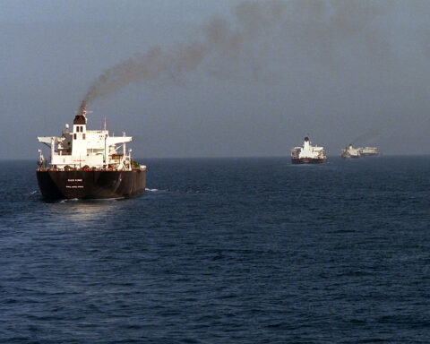 Reflagged Kuwaiti tankers escorted by US Navy warships through the Persian Gulf during Operation Earnest Will, October 1987