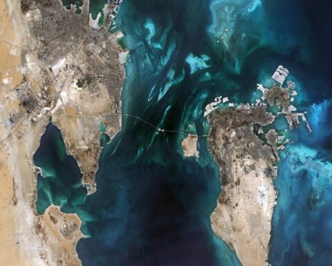 ESA Sentinel-2A satellite view of Bahrain and eastern Saudi Arabia coast on Persian Gulf, September 2015