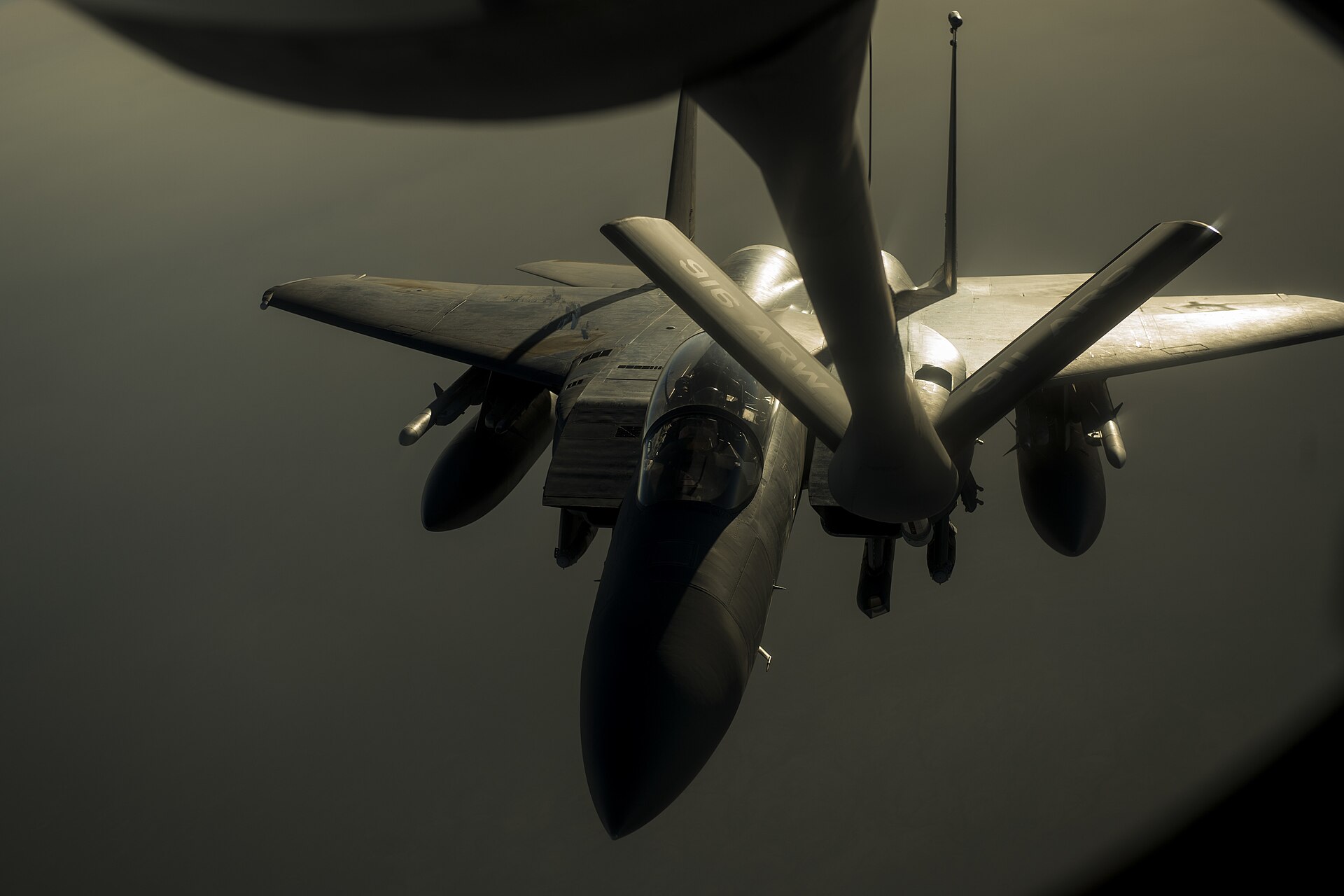 US Air Force F-15 Strike Eagles receive aerial refueling over Southwest Asia on an Operation Inherent Resolve mission from Al Udeid Air Base, Qatar