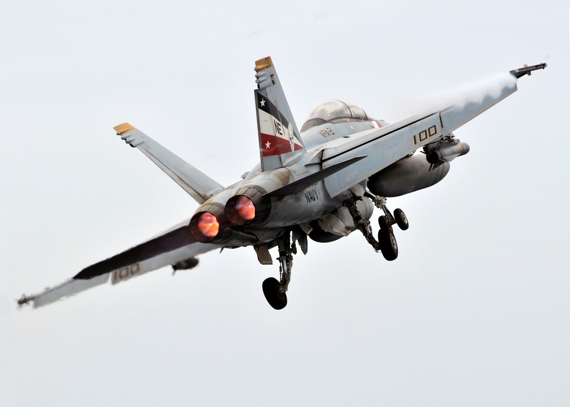 F/A-18F Super Hornet launches from USS Abraham Lincoln (CVN-72) in the North Arabian Sea, July 2008 — the same carrier strike group enforcing the Gulf of Oman blockade that disabled the M/T Marivex on June 8, 2026