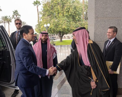 Saudi FM Prince Faisal bin Farhan greets US Secretary of State Marco Rubio at Diriyah Palace, Riyadh, February 18, 2025