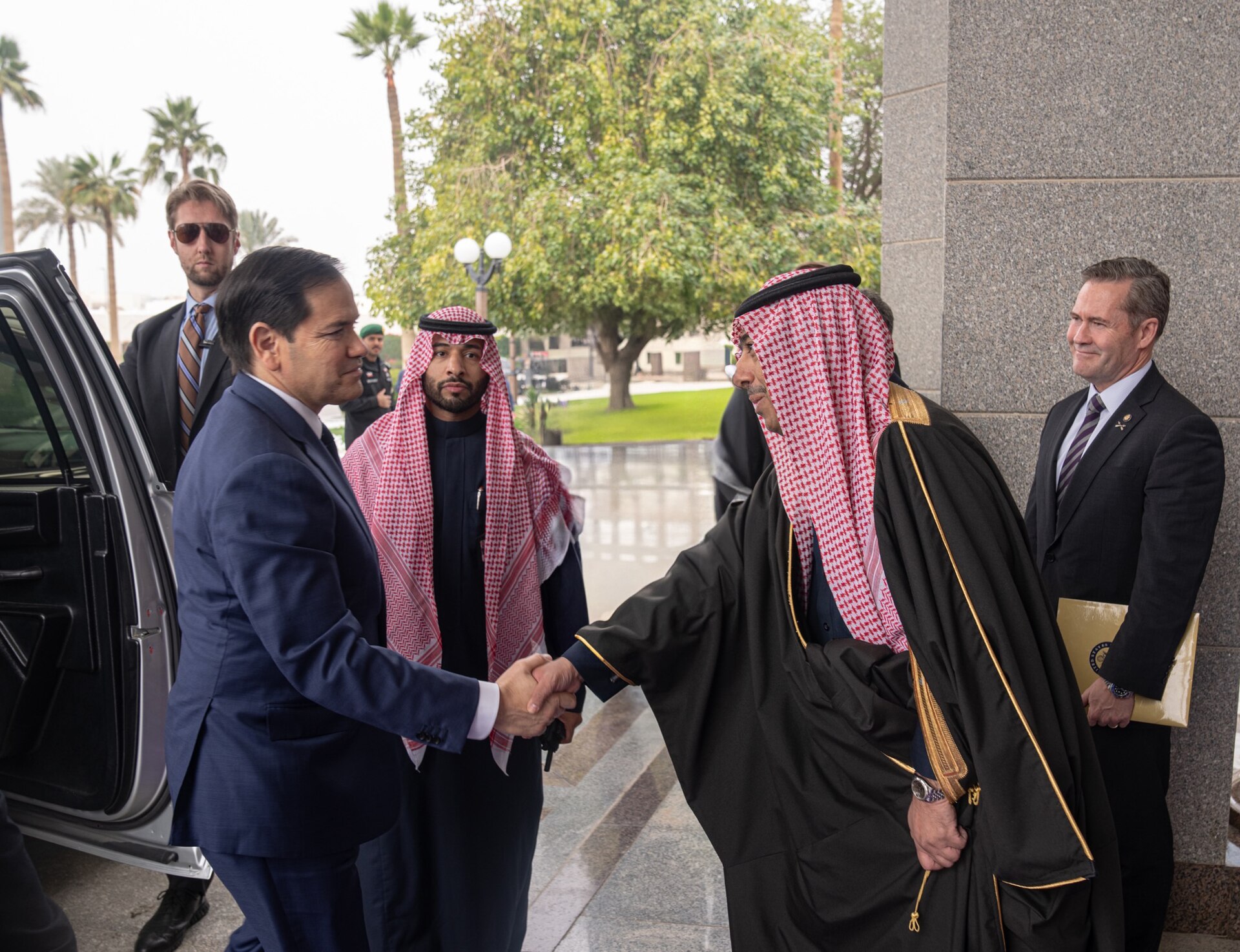 Saudi FM Prince Faisal bin Farhan greets US Secretary of State Marco Rubio at Diriyah Palace, Riyadh, February 18, 2025