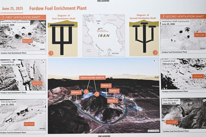 Fordow Fuel Enrichment Plant exhibit displayed at Pentagon press briefing June 25 2025, showing satellite imagery and ventilation shaft diagrams