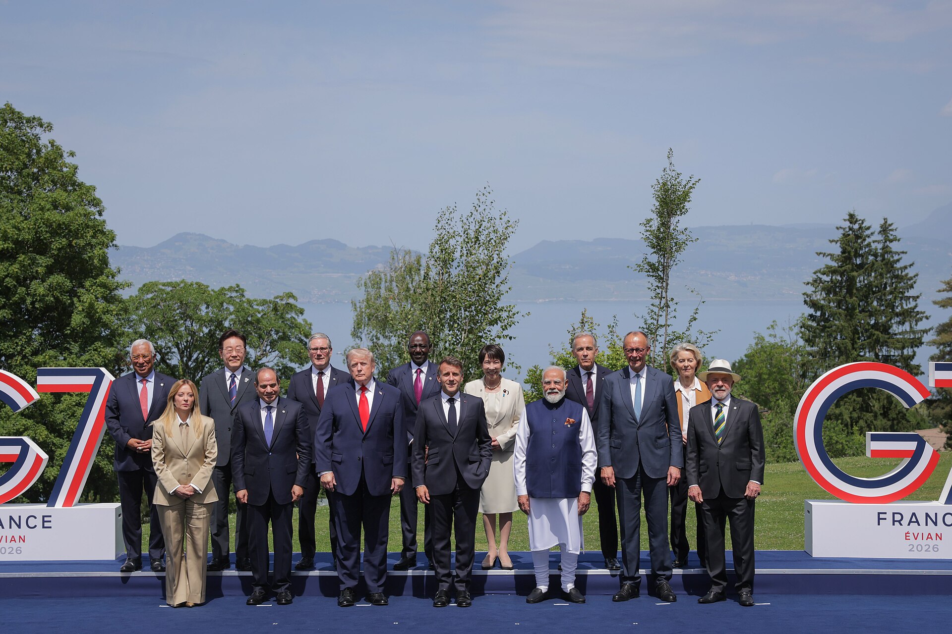 G7 leaders family photograph at the 52nd G7 Summit in Evian France June 2026 — Trump blocked a 15-nation allied demining coalition at this summit one day before the MOU points were leaked