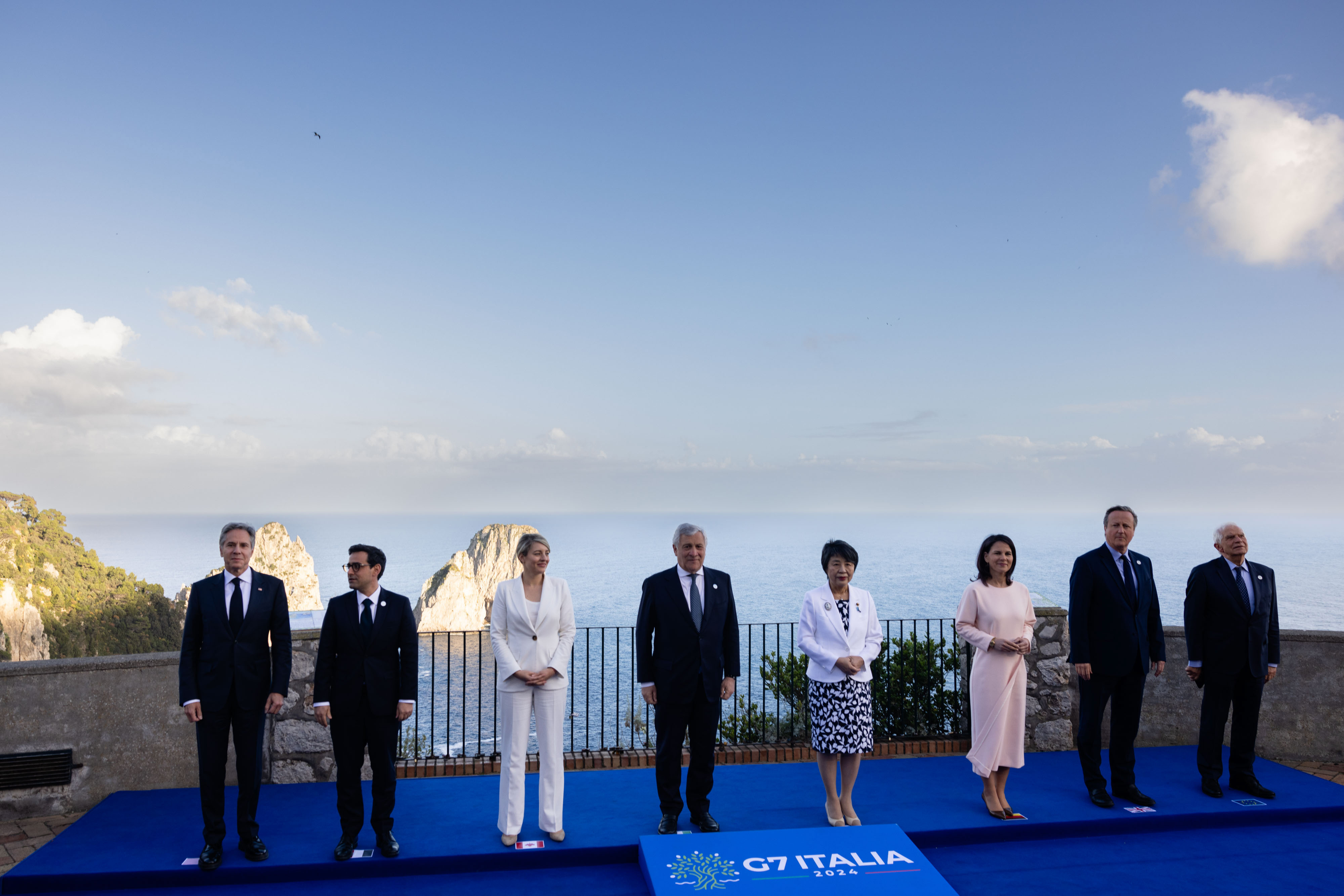 G7 Foreign Ministers at Capri Italy April 2024, including Blinken, Sejourne, Joly, Tajani, Kamikawa, Baerbock, Cameron and Borrell