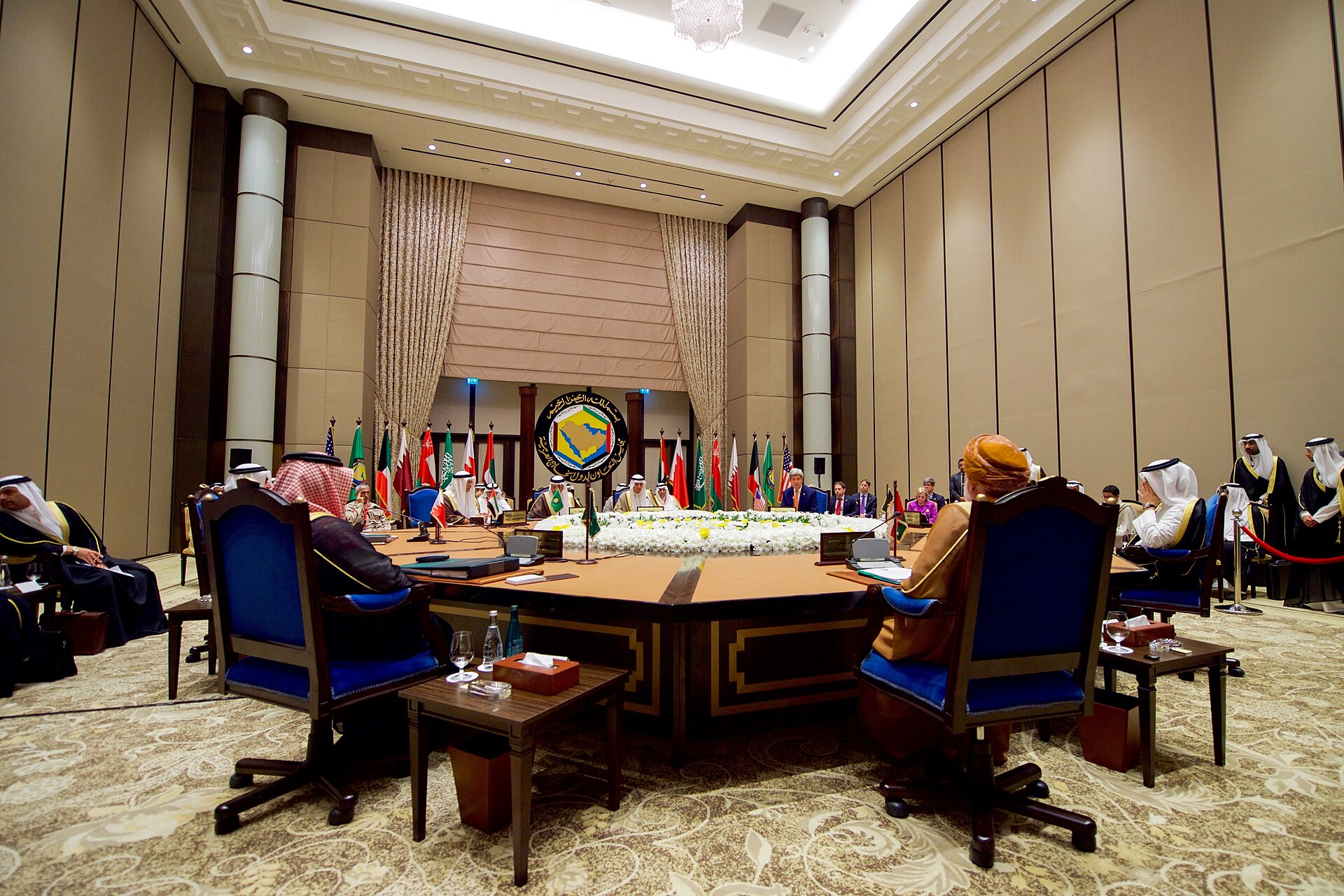 GCC Foreign Ministers seat at the formal multilateral conference table in Manama, Bahrain, April 2016 — Saudi Arabia, UAE, Qatar, Kuwait, Bahrain, Oman, and GCC Secretariat represented