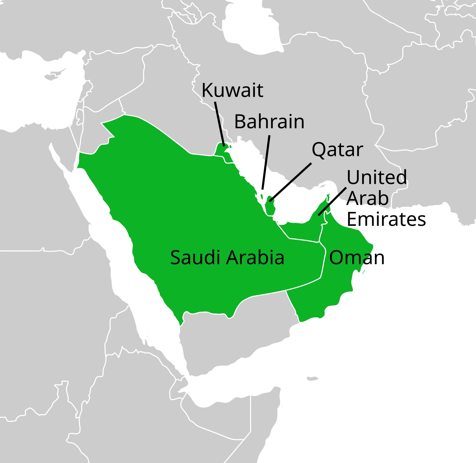 Map of the six Gulf Cooperation Council member states — Saudi Arabia, Kuwait, Bahrain, Qatar, United Arab Emirates, and Oman — highlighted in green on a regional map of the Arabian Peninsula and Persian Gulf