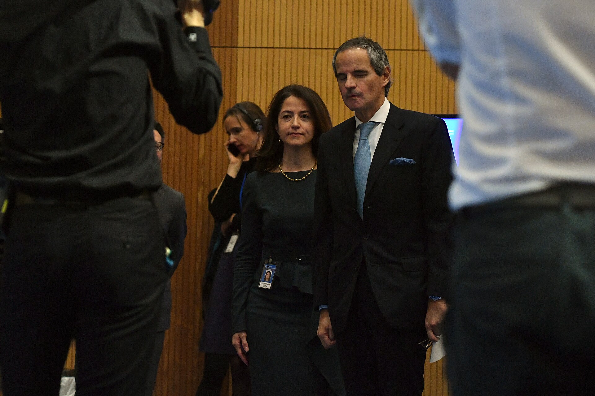 Rafael Grossi being escorted to the podium at the IAEA General Conference Special Session in Vienna, December 2, 2019, the day he was confirmed as Director General.
