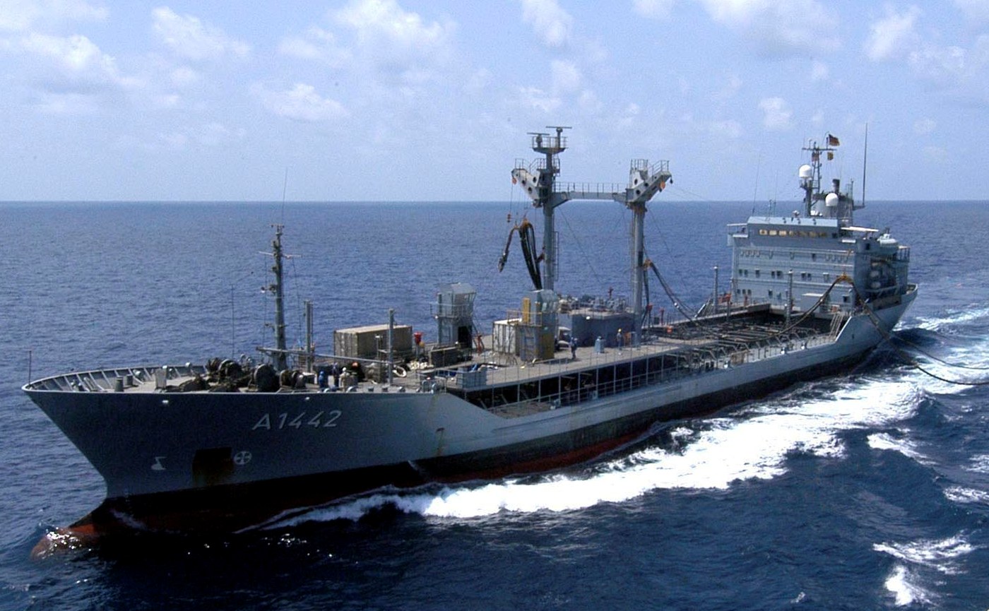 German Navy oiler Spessart A1442 underway in the Gulf of Oman in October 2006 representing maritime traffic through the strategic waterway
