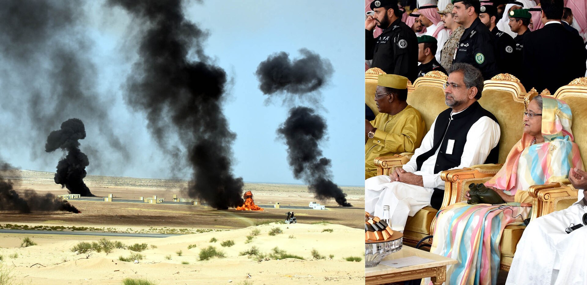 Gulf Shield-1 joint military exercise in Dammam, Saudi Arabia, April 2018, showing live-fire drills in the desert