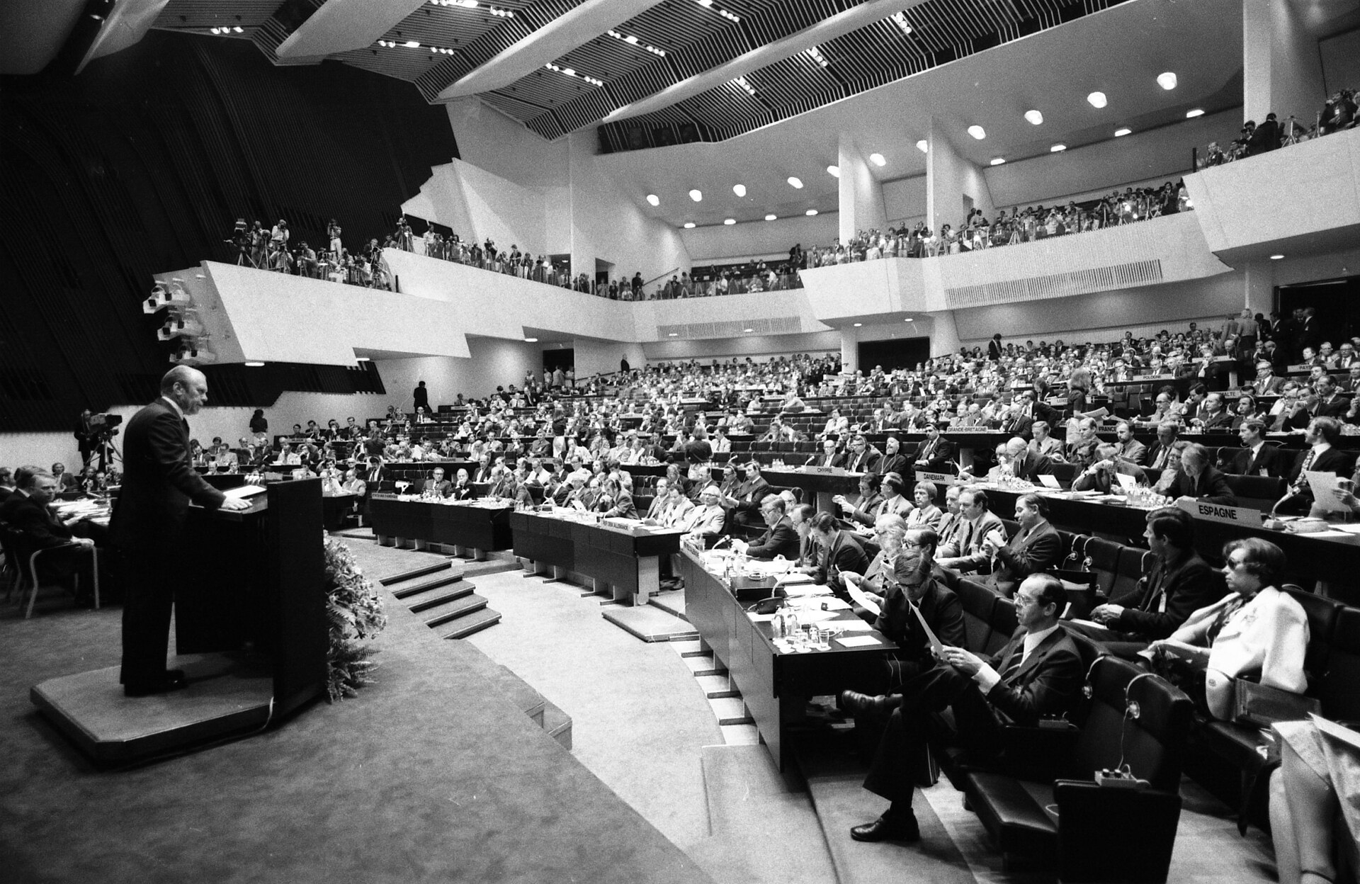 President Ford addresses delegates at the 1975 CSCE Conference on Security and Cooperation in Europe, Finlandia Hall, Helsinki